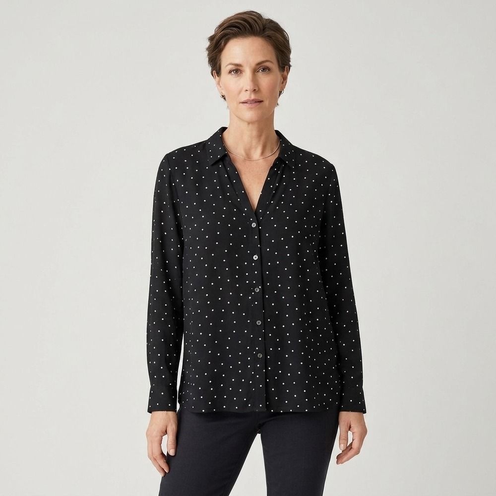 J. JILL Black Polka Dot Button Down Shirt Blouse Top Women's Petite Large PL LS